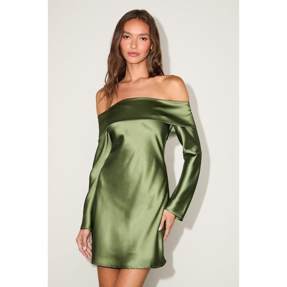 Lulus Olive Green Satin Off-the-shoulder Mini Dress - Size XXS